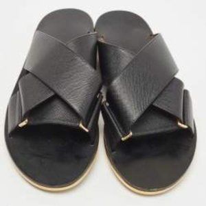 Marni Black Textured Leather Crisscross Strap Flat Slides